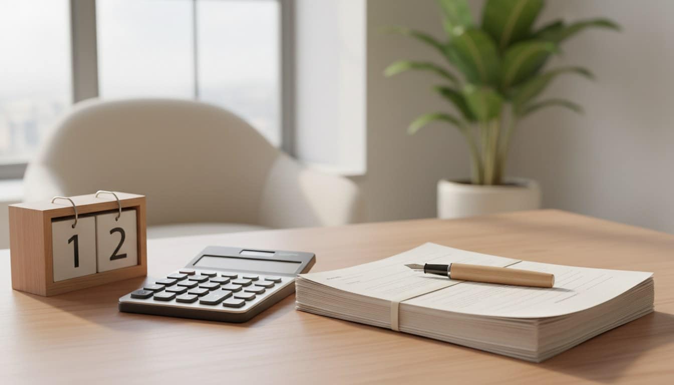 Calculadora, calendário e documentos sobre mesa de escritório representando o cálculo da licença-prêmio em pecúnia