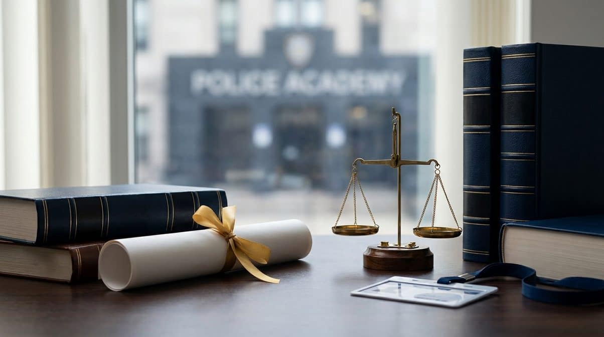 mesa com livros de legislação, diploma e balança simbolizando espcex e carreira militar