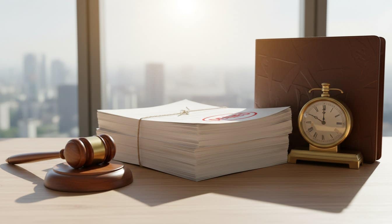 Estado negou a licença-prêmio em pecúnia do servidor aposentado: mesa de escritório com documentos e martelo simbolizando indeferimento administrativo