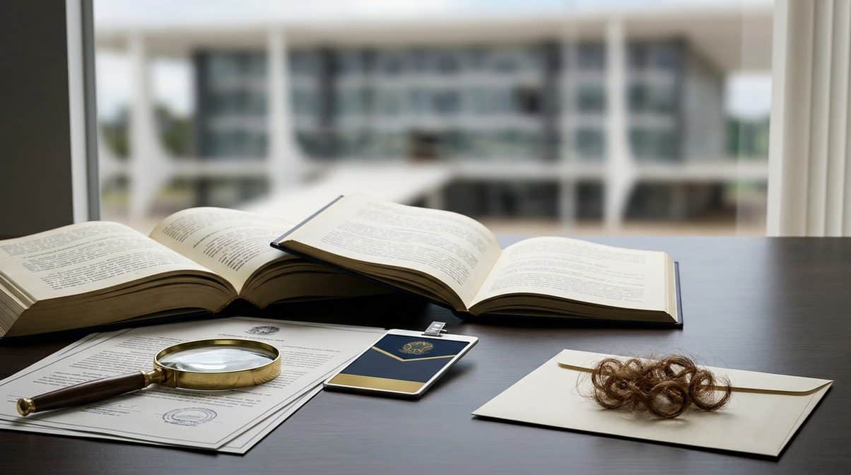 documentos e livros sobre fenotipos pardo para concursos públicos com lupa e crachá funcional