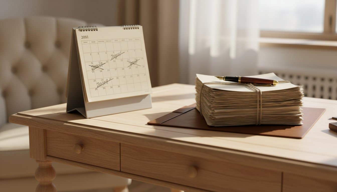 Mesa de escritório com calendário antigo, documentos e caneta representando a conversão da férias-prêmio em Minas Gerais antes e depois de 2004