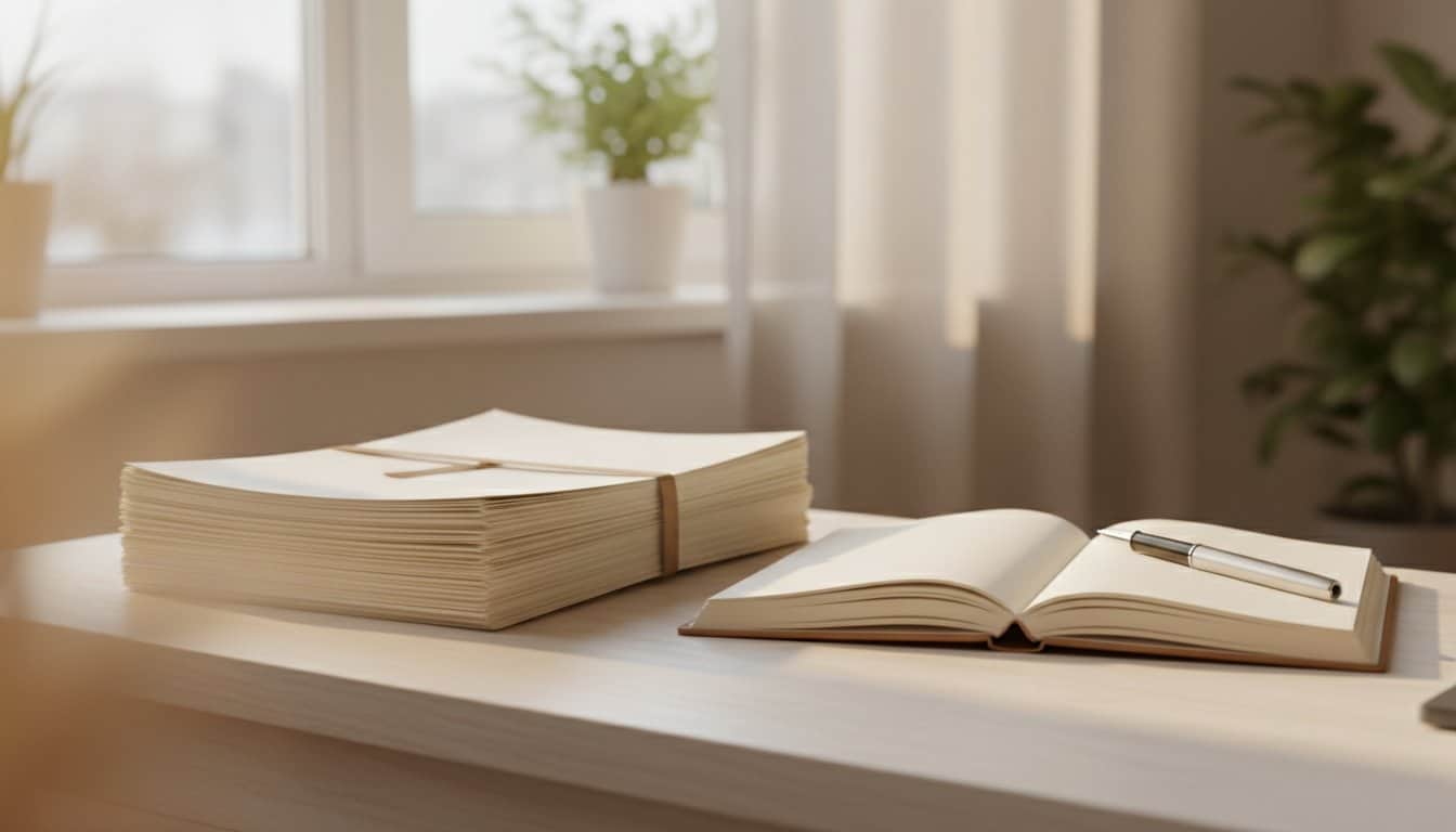 Mesa de escritório com documentos e caderno em luz natural, ilustrando licença especial no Espírito Santo civil e militar convertida em pecúnia