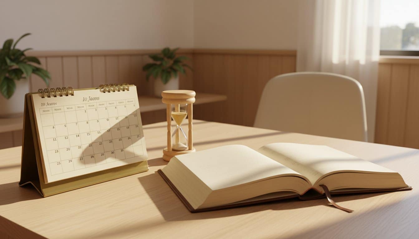 Calendário de dez anos e ampulheta sobre mesa de escritório, representando o cálculo da licença especial no Paraná: seis meses a cada dez anos de serviço público