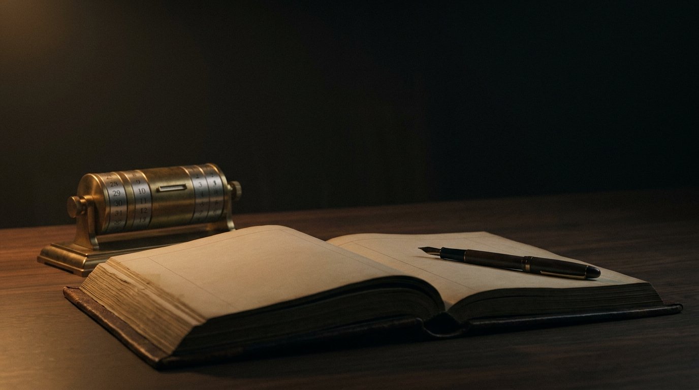 Livro-razão aberto sobre mesa escura, ao lado de um calendário de mesa antigo — licença-prêmio em pecúnia para servidor aposentado