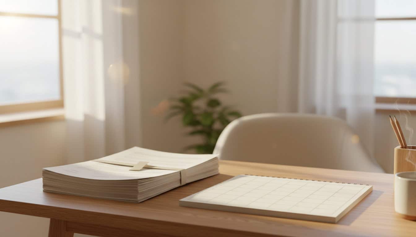 O que é licença-prêmio: mesa de escritório com documentos e calendário em luz natural, ilustrando o benefício do servidor público e seus outros nomes pelo Brasil