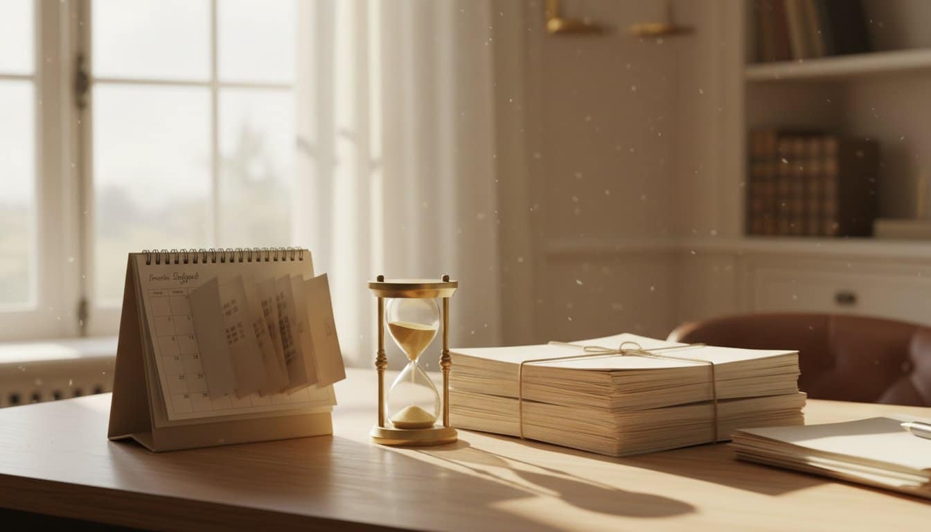 Calendário, ampulheta e documentos sobre mesa iluminada representando a contagem do prazo prescricional de 5 anos da licença-prêmio em pecúnia