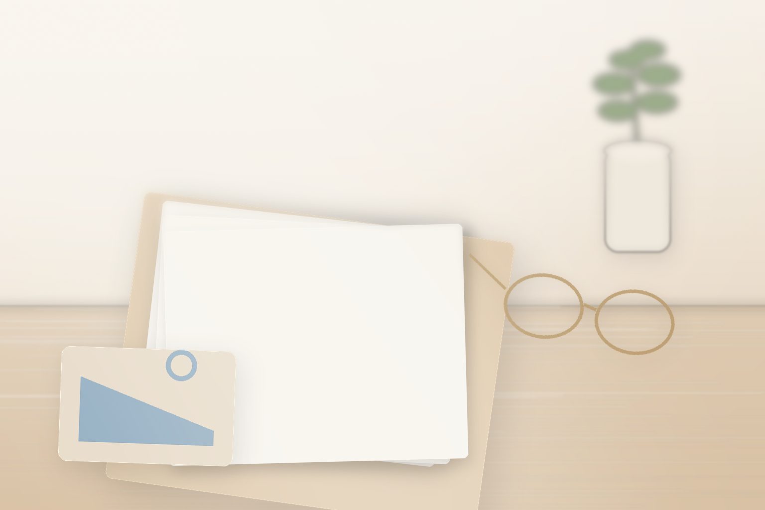 Mesa de madeira clara com laudo medico em branco, oculos de leitura e placa com simbolo de acessibilidade, em luz natural