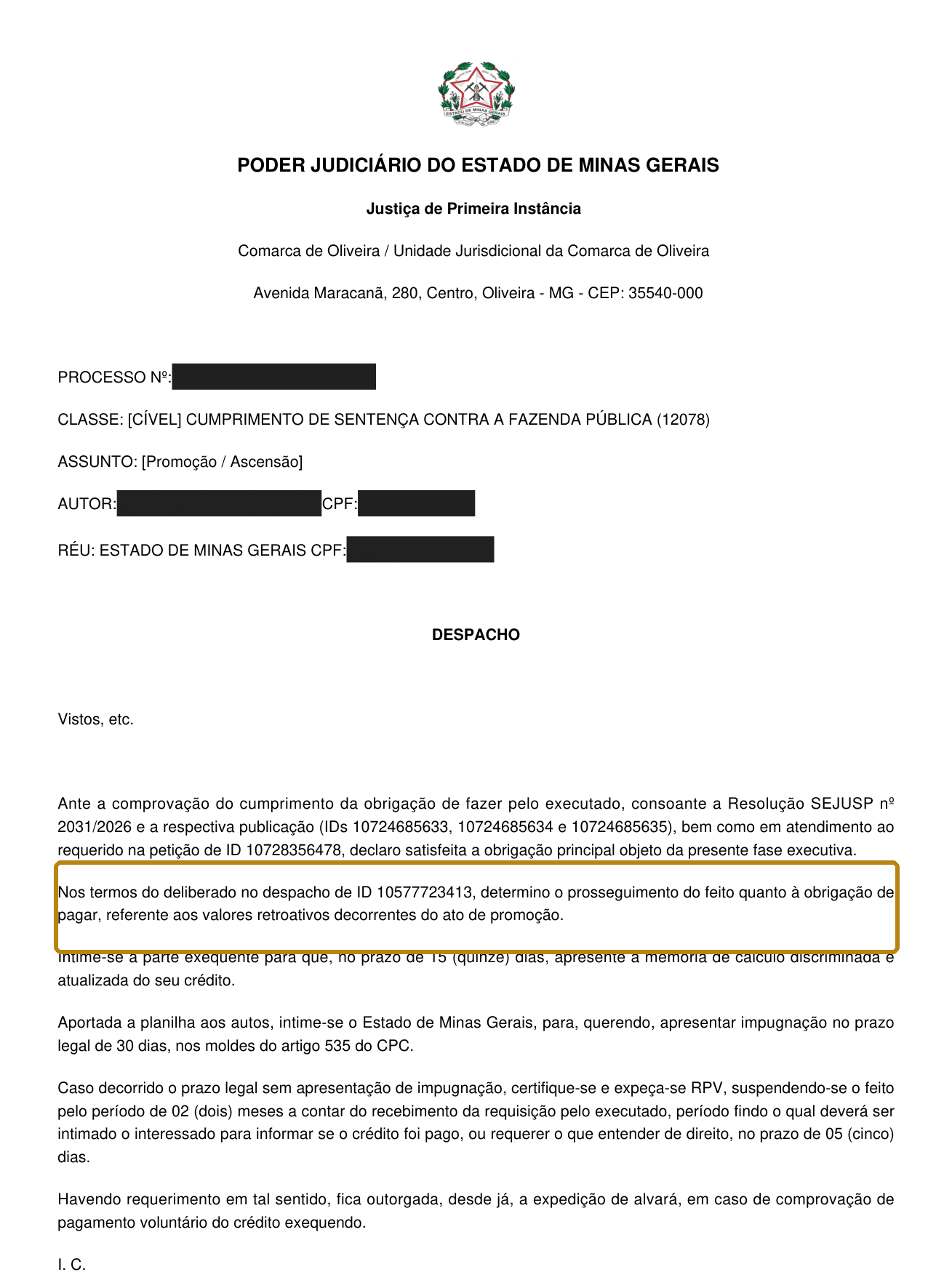 Recorte anonimizado: cobrança no mesmo processo
