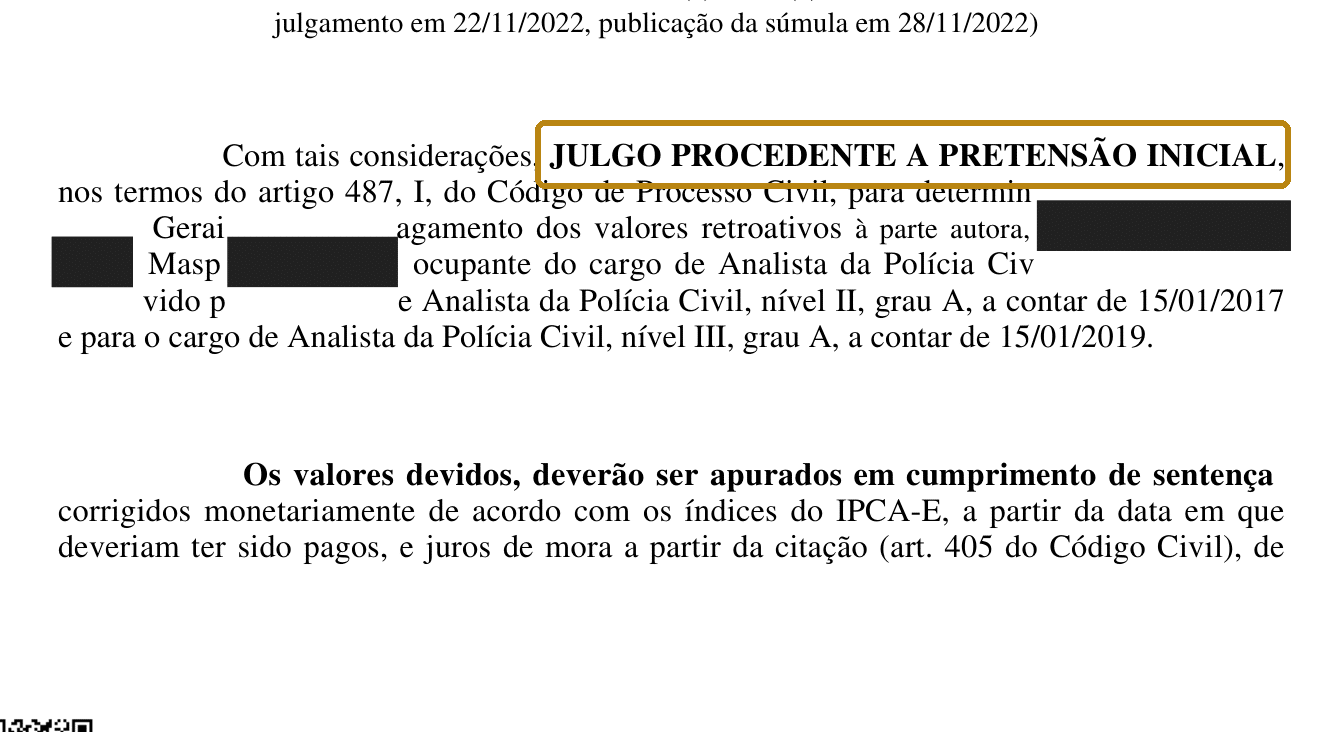 Recorte anonimizado: os retroativos foram reconhecidos