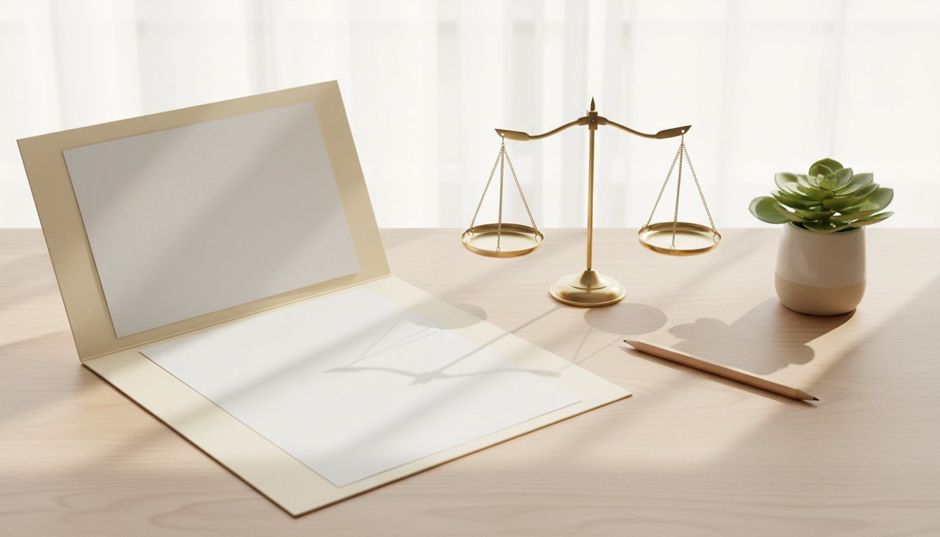 Mesa de madeira clara com balança da justiça e documentos, luz natural